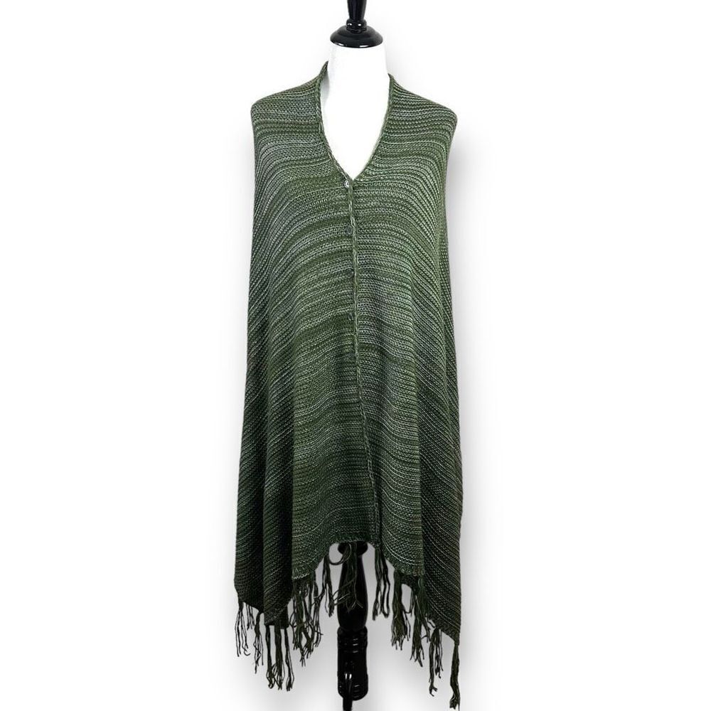 LuLaRoe Women's One Size Mimi Knit Sweater Poncho Olive Green Marl With Fringe